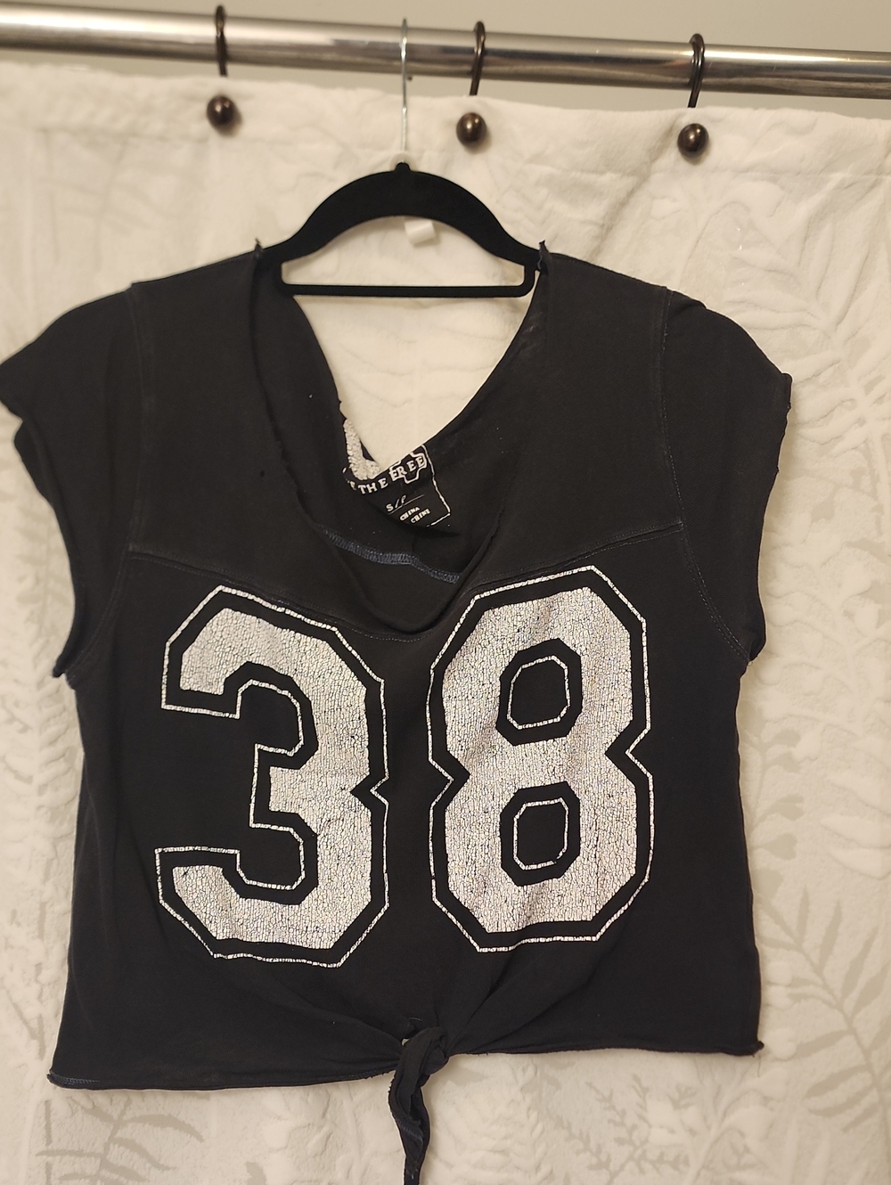 We The Free Black Crop Top with White '38' Graphic and Front Tie Old But Cute!